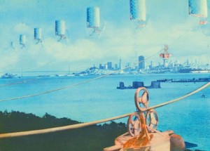 Architect Craig Hodgetts created this rendering in 1978 for a never-completed film version of Ecotopia, the classic novel by Ernest Callenbach. Hodgetts’s rendering includes balloon generators over San Francisco Bay. Illustration by Craig Hodgetts, facebook.com/hplusf.