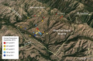Google Earth map of UC's Blue Oak Ranch Reserve showing the location of 32 of the 60 sensors placed around the reserve at different elevations to continuously collect and report data on weather and soil conditions. The ranch's topographic diversity produces a wide range of such conditions. Kirk Klausmeyer, The Nature Conservancy; data provided by BOR.