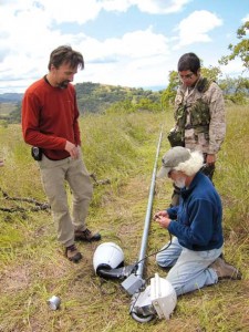 Reserve manager Michael Hamilton (kneeling) works with Dr. Rulon Clark (left) and a student assistant to install a remote camera and WiFi unit as part of the large ecological sensing array at Blue Oak Ranch. Photo by Michael P. Hamilton.