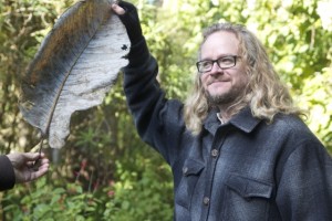 David Kruse-Pickler holds up a giant leaf from the endangered Mexican cloud forest magnolia. Photo: Alison Hawkes.