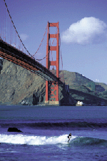 Golden Gate bridge with surfers