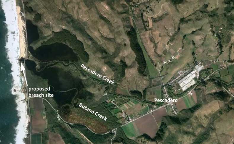 Satellite image of Pescadero Marsh and surroundings