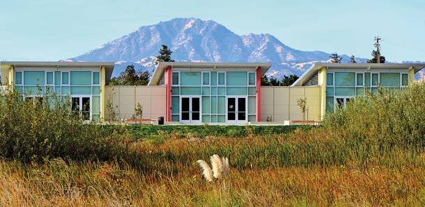 Mount Diablo rises behind the new Big Break Visitor Center. Photo by Sally Rae Kimmel.