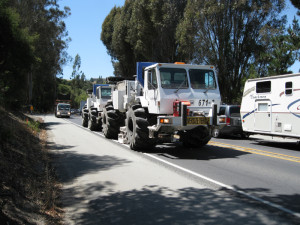 Thumper trucks roll down Highway 129, north of Aromas, during a seismological survey in 2012. Photo: Polly Goldman. 