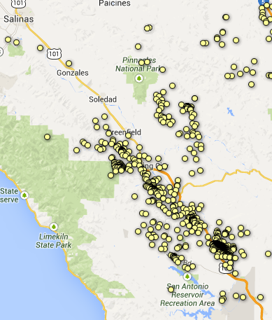 Oil wells currently located in the upper Monterey Shale. They include exploratory wells and possible sites for injection wells. Source: California Department of Conservation. 