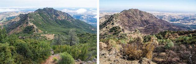 Views of North Peak before (left) and after the Morgan Fire, looking northeast from the Mary Bowerman Trail. Perkins Canyon runs down to the right. (Photo by Scott Hein, heinphoto.com)