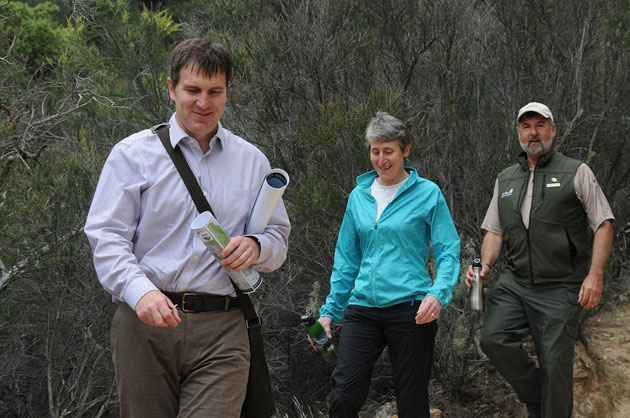 East Contra Costa Habitat Conservation Plan Executive Director John Kopchik (left) and East Bay Regional Park District General Manager Robert Doyle lead Interior Secretary Sally Jewell on a hike through Black Diamond Mines Regional Preserve on Monday, May 5. (Photo by Tami Heilemann, U.S. Department of the Interior)