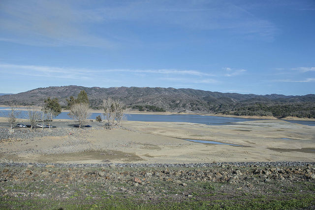 Lake Mendocino, in Sonoma County, has been severely depleted by the drought. Credit: CA OES
