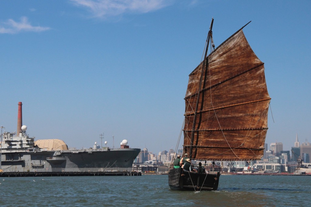 The Grace Quan sails past the heavily developed shoreline near Hunters Point in San Francisco. Photo: Ethan Bien.  