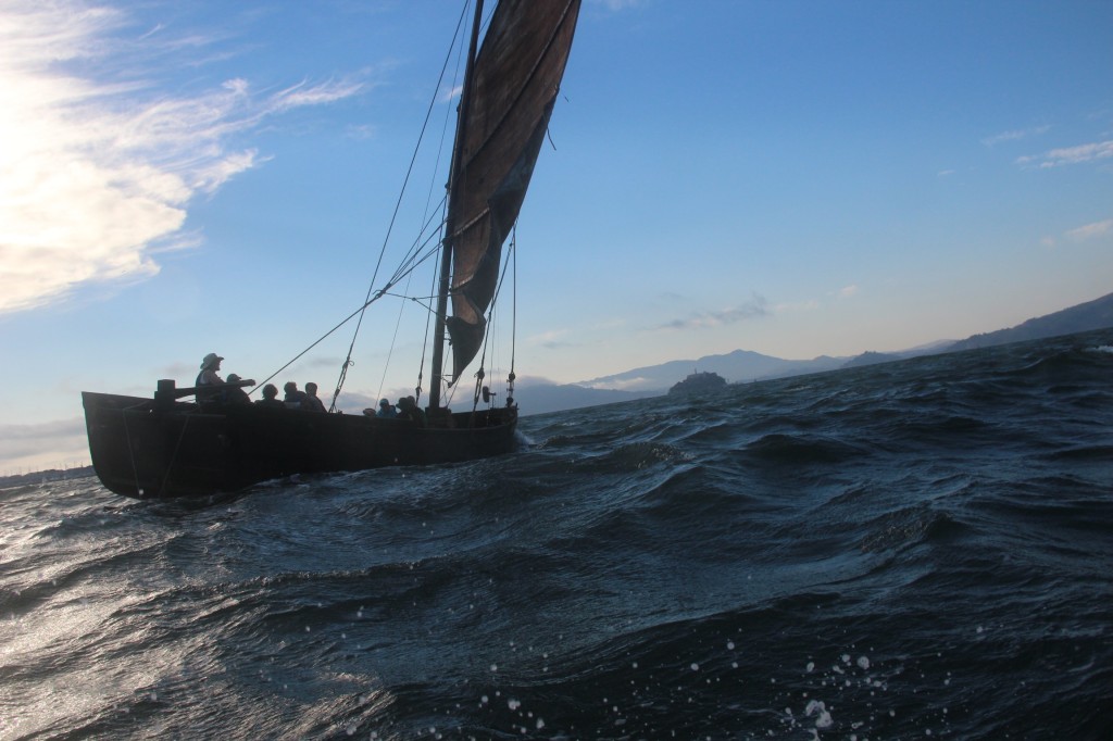 The Grace Quan hits rough waters and stiff Pacific winds as it sails into the Central Bay. Photo: Ethan Bien. 