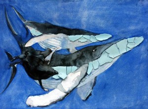 plastic art tile depicting blue whales