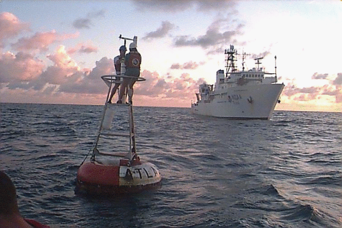 A buoy in the TAO network. (Photo by NOAA / PMEL / TAO Project Office, Dr. Michael J. McPhaden, Director)