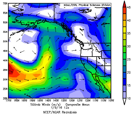 Wind at 500mb on January 9, 2016, showing a split jet over the North Pacific. (Created using NOAA ESRL)
