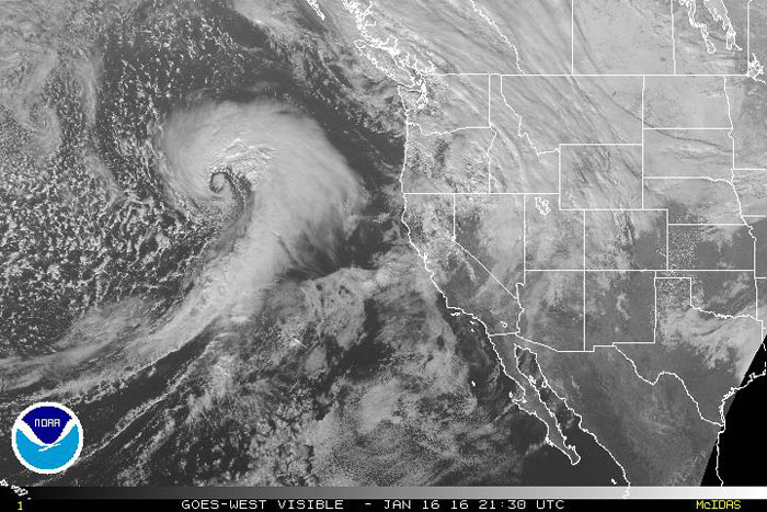 A satellite image of the powerful Pacific storm that hit the Western United States on January 18 and 19, 2016. (Image courtesy NOAA)