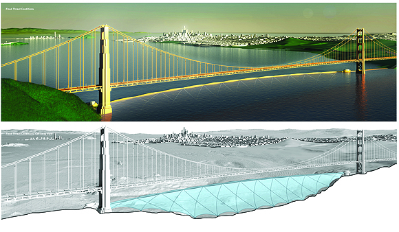 One of the winning ideas proposed in the Rising Tides design competition was a "bladder" to control tides under the Golden Gate Bridge. (Source, AIAC) 