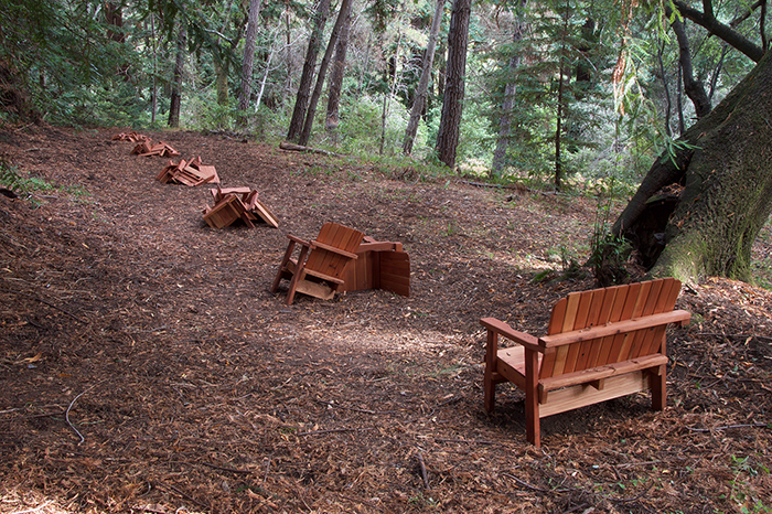 Return is a series of disintegrated redwood benches set in the midst of a Djerassi redwood grove and created by Adam Kuby in 2016. (Photo by Adam Kuby)