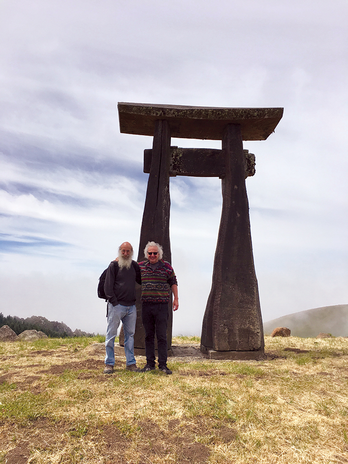 Torii is the symbol of Djerassi. Standing in front of the iconic sculpture are Malcolm Margolin (left), the founder of Heyday Books and co-founder of Bay Nature, and Dale Djerassi, whose father first purchased the land in the 1960s. (Photo by Alexandra MacDowell)