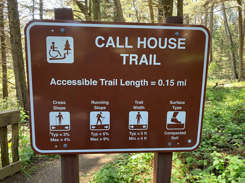 informative trail sign with accessibility information