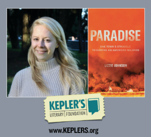 Photo of journalist Lizzie Johnson and the cover of her book, entitled Paradise