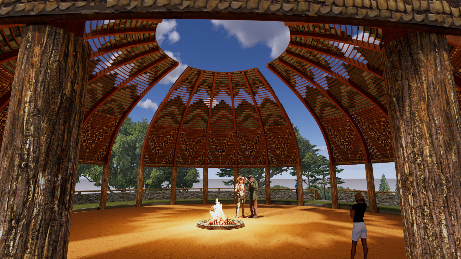 Architectural rendering of a structure, proposed for Rinihmu Pulte'irekne, that represents an upside-down traditional Ohlone basket. To build the structure, the land will have to be rezoned and go through an environmental review. (Courtesy of Sogorea Te’ Land Trust)