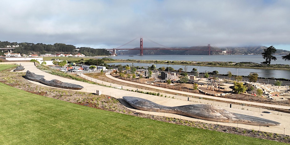 photo of new Presidio public spaces with Golden Gate Bridge in the background