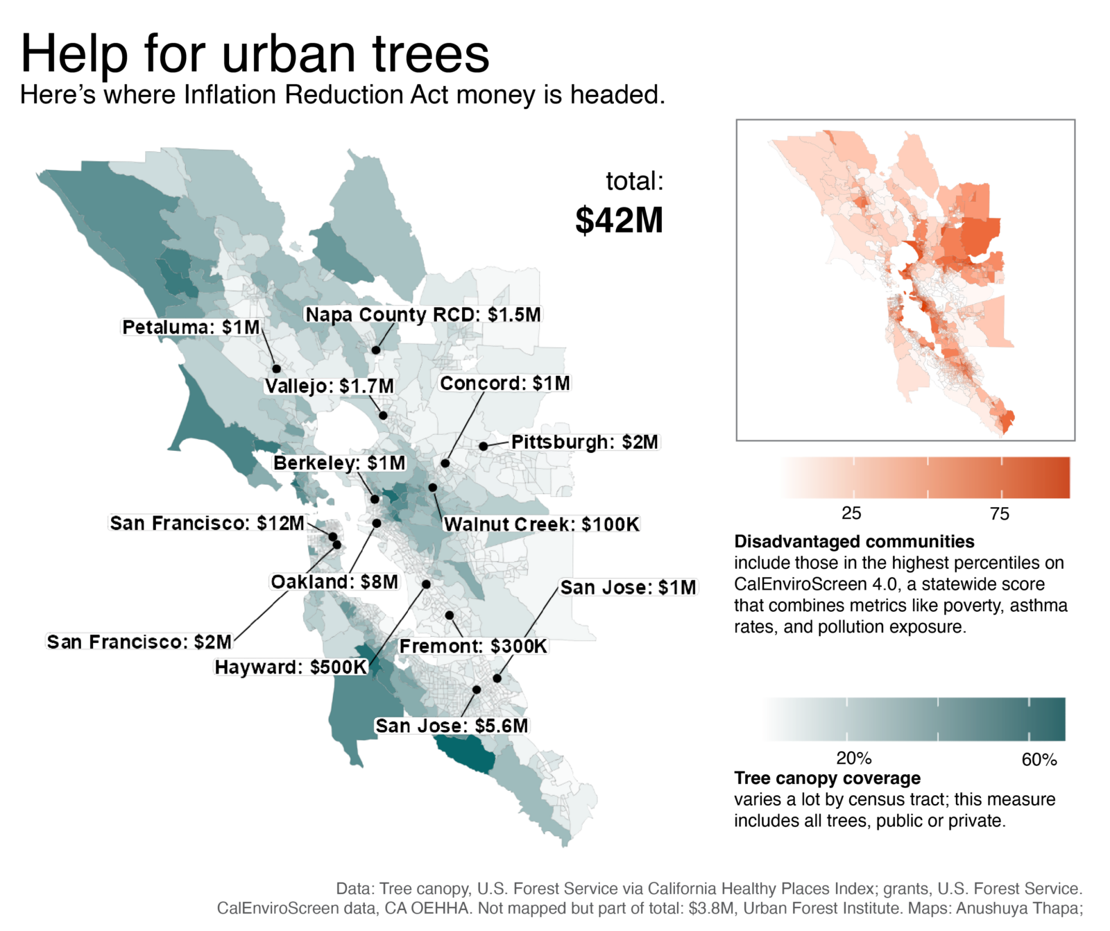 A Bay Area map shows the location of urban forestry grants awarded in 2023, over census tracts shaded according to the overall canopy coverage. An inset map is shaded by a government metric used to identify disadvantaged communities. Maps by Anushuya Thapa, Bay Nature.