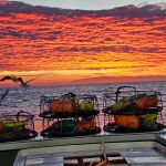 Sunset over crab pots on a boat
