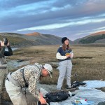 GrizzlyCorps fellow Emily Dewing with ecologists David Lumpkin and Scott Jennings getting ready to tag Dunlin on Tomales Bay. (Photo by Nils Warnock)