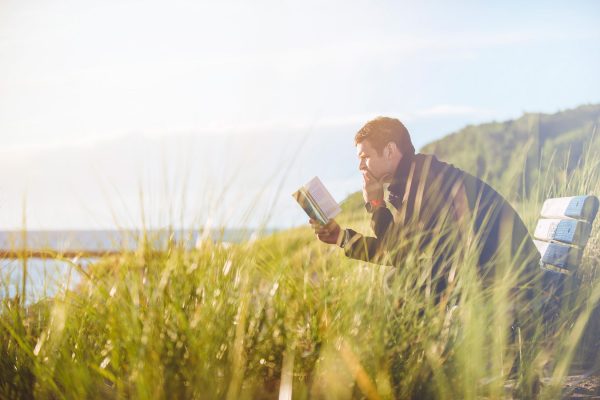 man reading in meadow